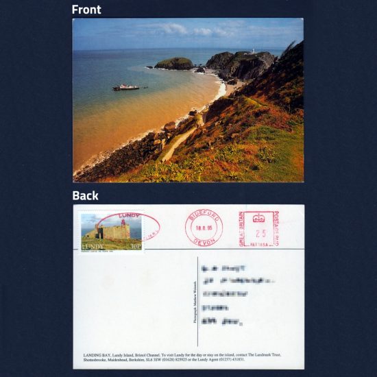 Postcard - Lundy Landing Bay, with 30p Lundy Stamp