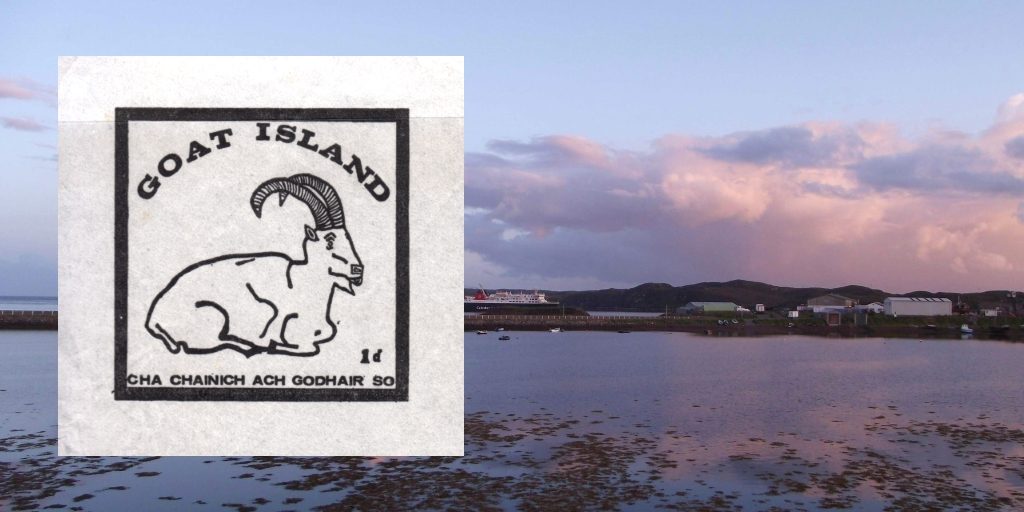 View of Goat Island,. Stornoway with Goat Island label superimposed. Photograph by Dave Conner