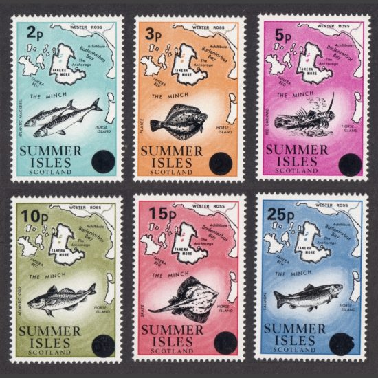 Summer Isles 1977 Decimal Overprints (Second Issue) on Fish/Maps Definitives (6v, 2p to 25p, U/M)