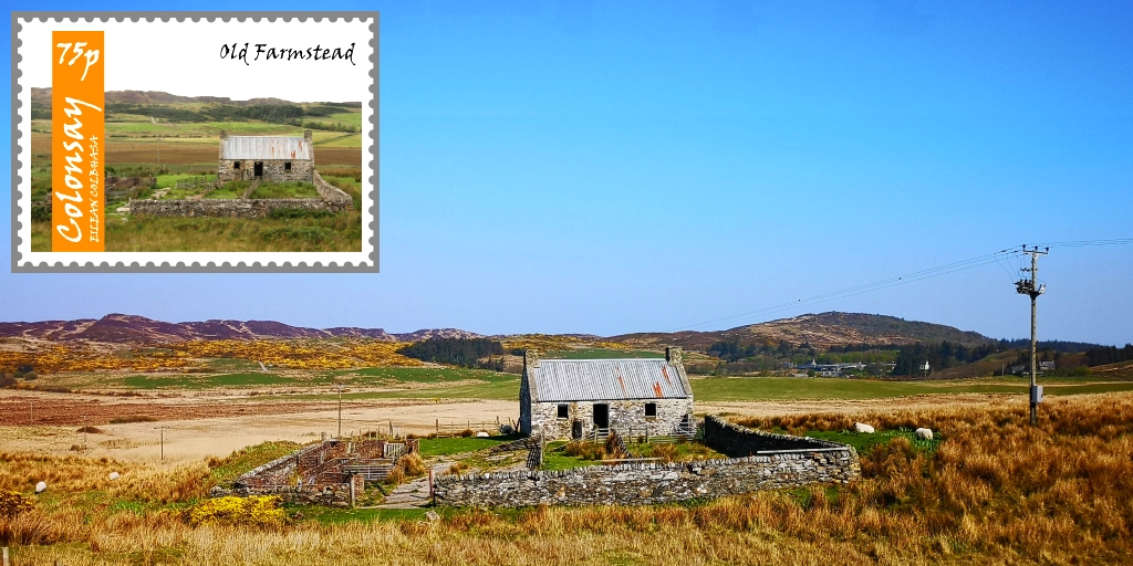 Old farmstead on Colonsay - on an island stamp, and in our own photograph (by Graham Soult)