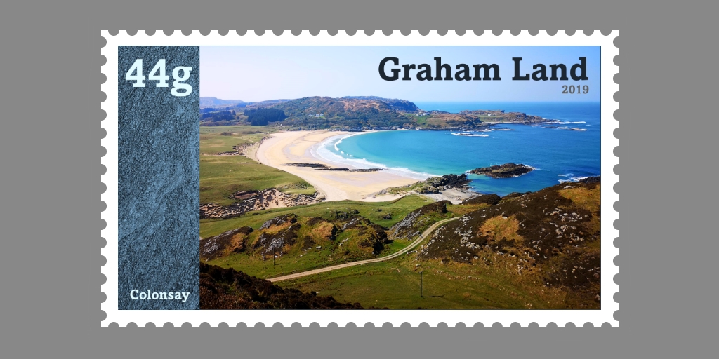 Planned Graham Land Cinderella stamp, featuring the view of Kiloran Bay from the top of Carnan Eoin