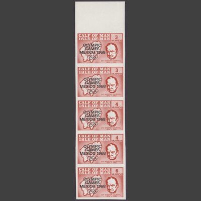 Calf of Man 1968 Strip of Five Olympics Overprint Stamps (2x 3m, 2x 4m, 6m, U/M)