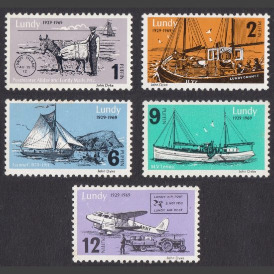 Lundy 1969 40th Anniversary of Lundy Post (5v, 1p to 12p, U/M)
