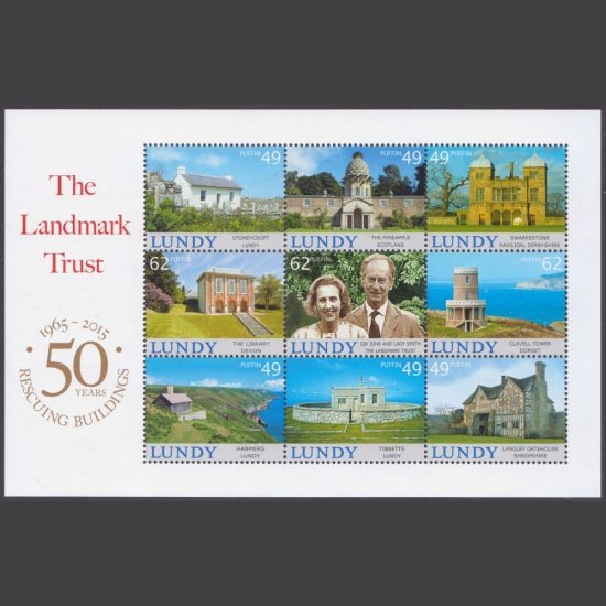 Lundy 2015 Landmark Trust 50 Years Miniature Sheet (9v, 49p to 62p, U/M)