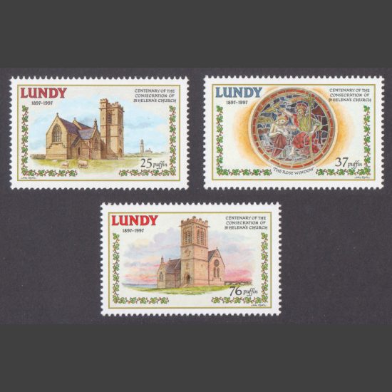 Lundy 1997 Centenary of St Helena's Church on Lundy (3v, 25p to 76p, U/M)