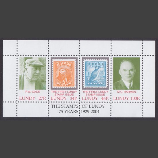 Lundy 2004 75th Anniversary of the First Lundy Stamps Miniature Sheet (4v, 27p to 100p, U/M)