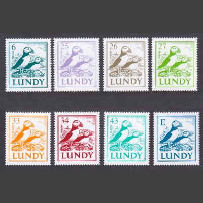Lundy 2002 'Puffins on Coast' Definitives (New Colours & Values) Part Set (8v, 6p to E, U/M)