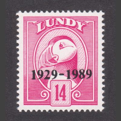 Lundy 1989 14p 60th Anniversary of Lundy Post "1929-1989" Overprint (U/M)