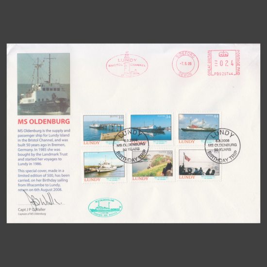 Lundy 2008 50th Anniversary of the Launching of MS Oldenburg Set on Special Signed "Birthday Sailing" Cover