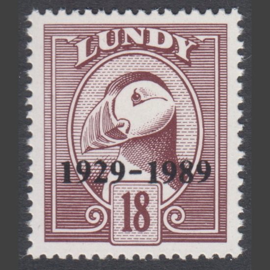 Lundy 1989 18p 60th Anniversary of Lundy Post "1929-1989" Overprint (U/M)