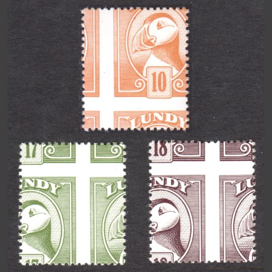 Lundy 1982 Forged 10p, 17p and 18p Misperforated Definitives (U/M)