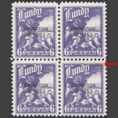 Lundy 1953 Coronation 6p Block Featuring Curved Line Through Frame Variety (U/M)