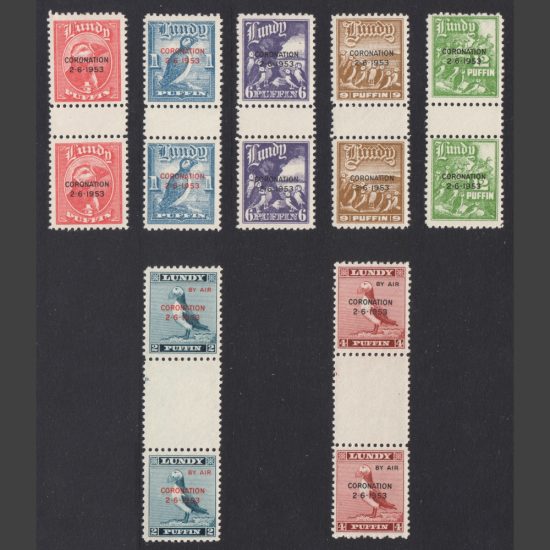 Lundy 1953 Coronation Set in Gutter Pairs (7v, ½p to 12p, U/M)