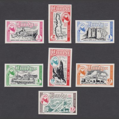 Lundy 1954 Silver Jubilee - 25 Years of Lundy Post - Seamail Issue Imperforate (7v, ½p to 12p, U/M)