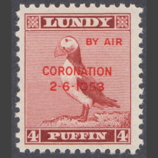 Lundy 1953 4p Coronation with Red Overprint - Rejected Colour (U/M)