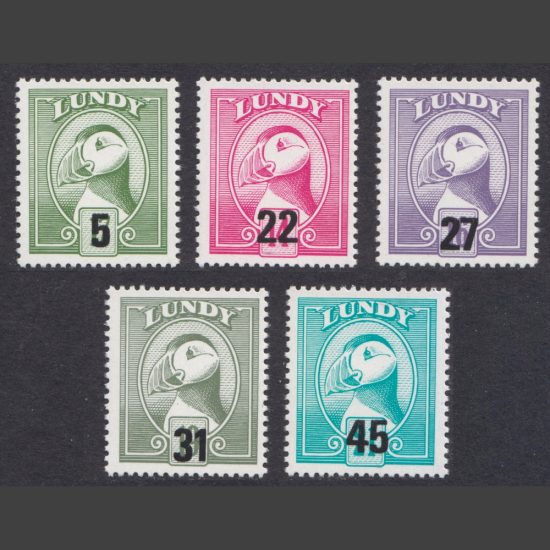 Lundy 1990 Provisional Puffin Bust Surcharges (Genuine Version) (5v, 5p to 45p, U/M)