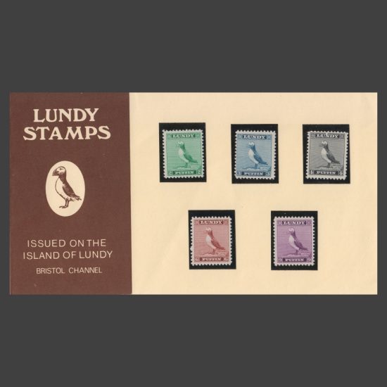 Lundy 1957 Standing Puffin Engraved Definitives Presentation Pack (5v, 2p to 9p, U/M)