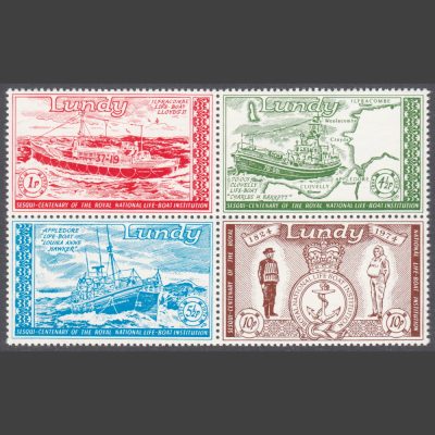 Lundy 1974 150th Anniversary of the Royal National Lifeboat Institution (RNLI) – No Selvedge (4v, 1p to 10p, U/M)