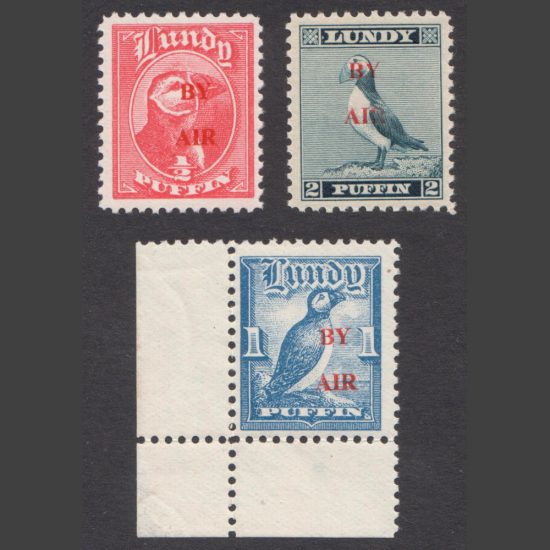 Lundy 1951 Rare "By Air" Red Overprints - Wide Setting (3v, ½p to 2p, U/M)
