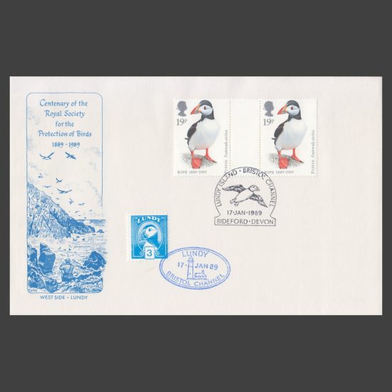 Lundy 1989 RSPB First Day Cover (FDC) with GB Puffin Gutter Pair