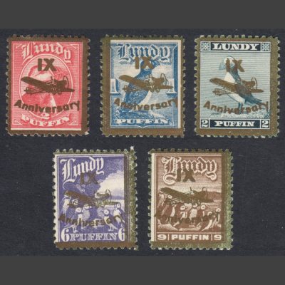 Lundy 1943 IX Anniversary Gold Overprints Part Set (5v, ½p to 2p and 6p to 9p, M/M)