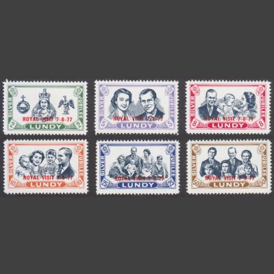 Lundy 1977 Royal Visit Individual Overprinted Stamps from Souvenir Sheet (6v, 2p to 50p, U/M)