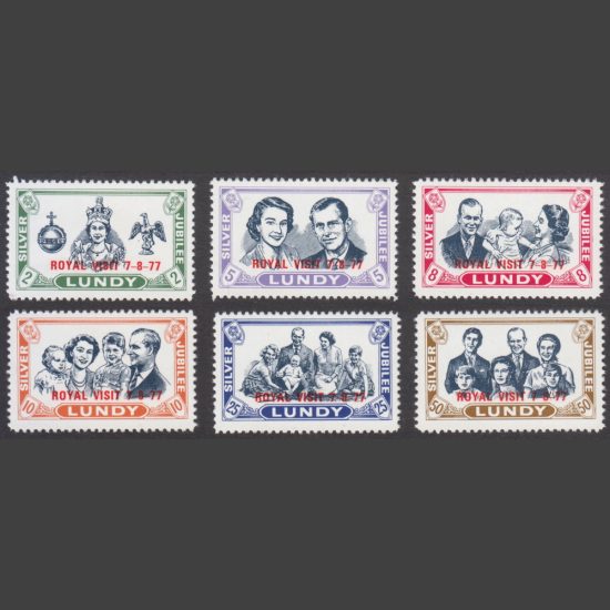 Lundy 1977 Royal Visit Individual Overprinted Stamps from Souvenir Sheet (6v, 2p to 50p, U/M)