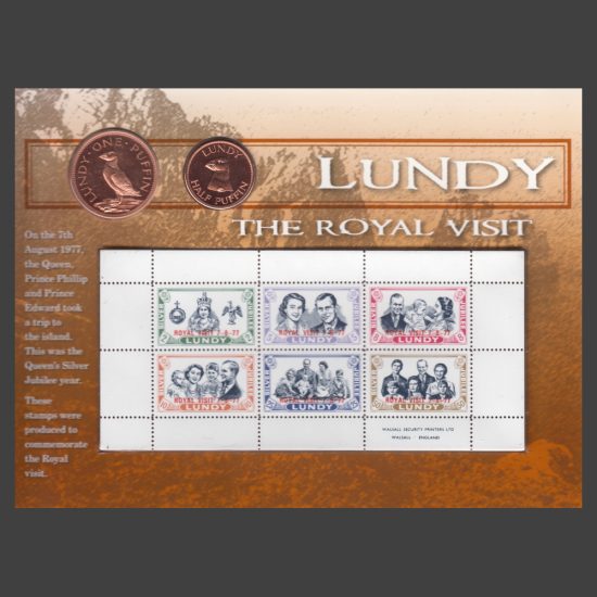 Lundy 1977 Royal Visit Presentation Bubble Pack with Sheetlet and Restruck Coins (Unofficial, Produced c.2007)