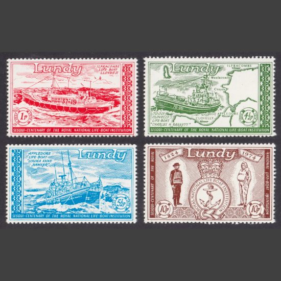 Lundy 1974 150th Anniversary of the Royal National Lifeboat Institution (RNLI) – Individual Stamps (4v, 1p to 10p, U/M)