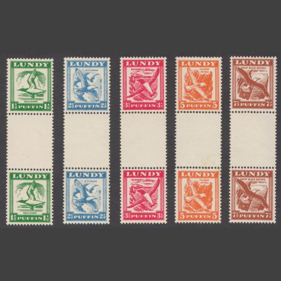 Lundy 1951 Birds on the Wing Part Set in Gutter Pairs (5v, 1½p to 7½p, U/M)