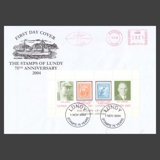 Lundy 2004 75th Anniversary of the First Lundy Stamps Miniature Sheet First Day Cover (FDC)