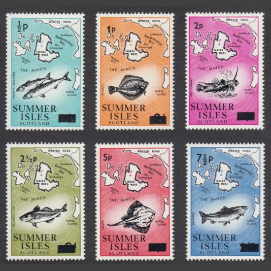 Summer Isles 1970 Decimal Conversion Overprints on Fish & Maps Definitives - Thick Bar (6v, ½p to 7½p, U/M)
