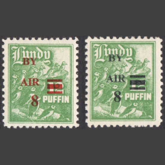 Lundy 1953 8 on 12 Puffins "By Air" Red & Black Overprints - Wide Spacing (2v, U/M)