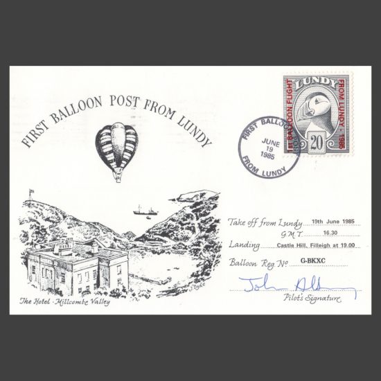 Lundy 1985 First Balloon Flight from Lundy Overprint Issue First Day Postcard - Signed by Pilot