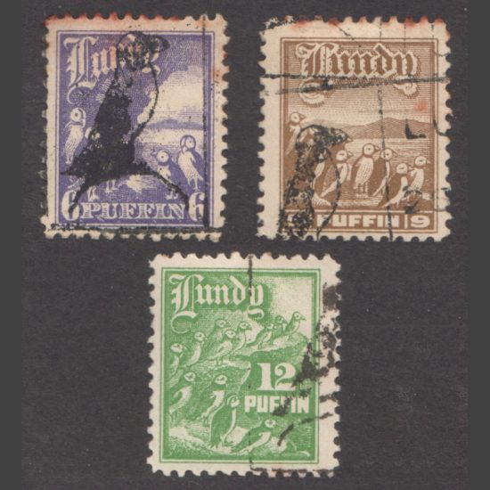 Lundy 1930 Puffin High Value Definitives (3v, 6p to 12p, Used)