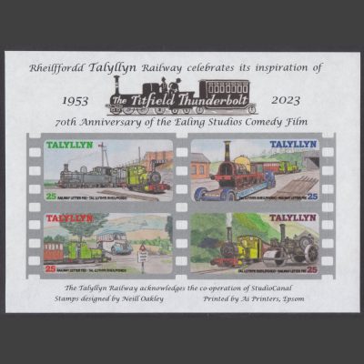 Talyllyn Railway 2023 70th Anniversary of the Ealing Comedy "The Titfield Thunderbolt" Miniature Sheet (25c/p x4, U/M)